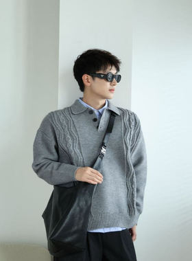TYD光洙穿搭 宽松针织方领花纹毛衣男秋冬学院风保暖上衣56M9806