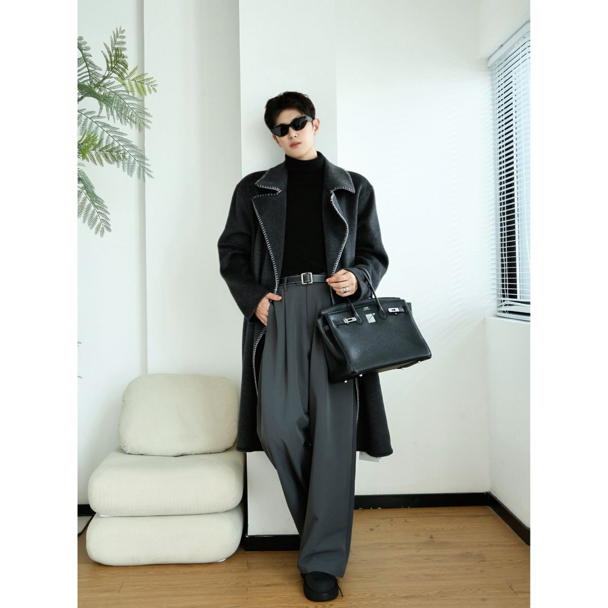 TYD光洙穿搭 男秋冬长款羊毛大衣宽松潮流商务休闲外套59D5347