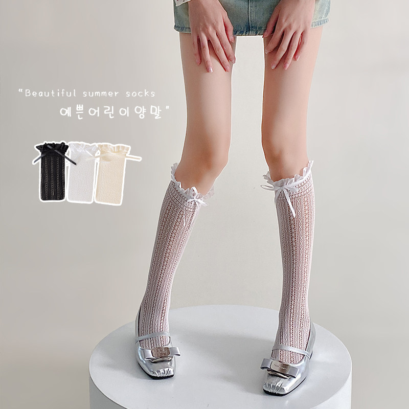 春夏薄款袜子女性感花边小腿袜网眼透气丝袜堆堆袜中筒袜配小皮鞋