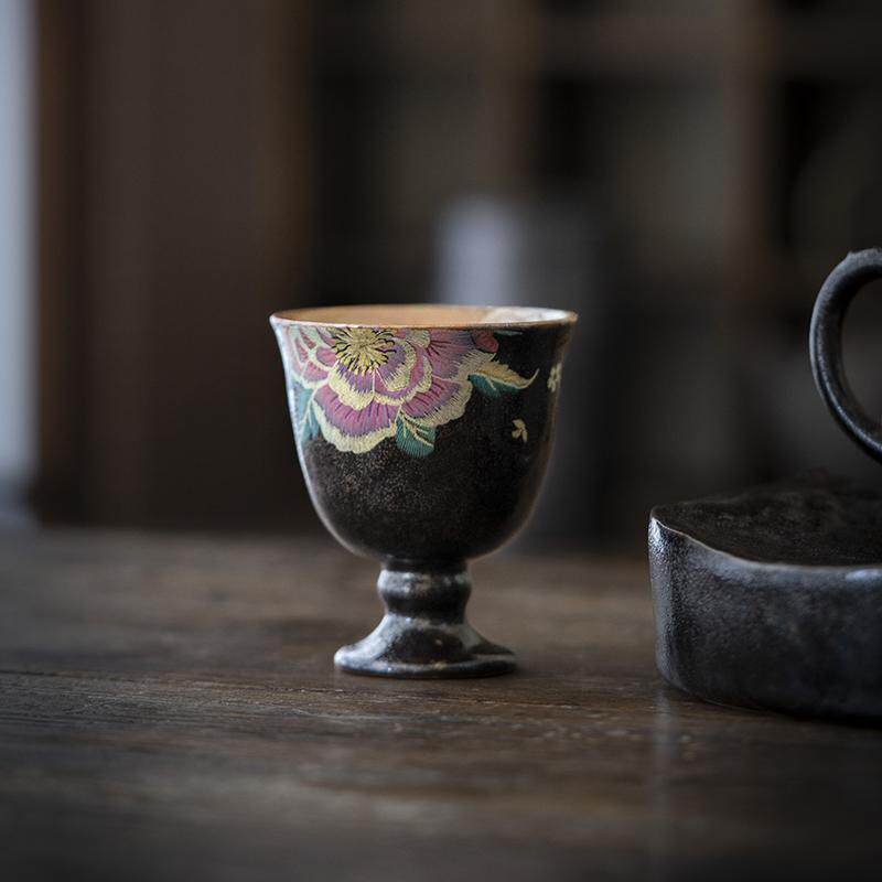 荼梦令志野烧牡丹缂丝美人高足杯喝茶品茗杯功夫茶具单杯