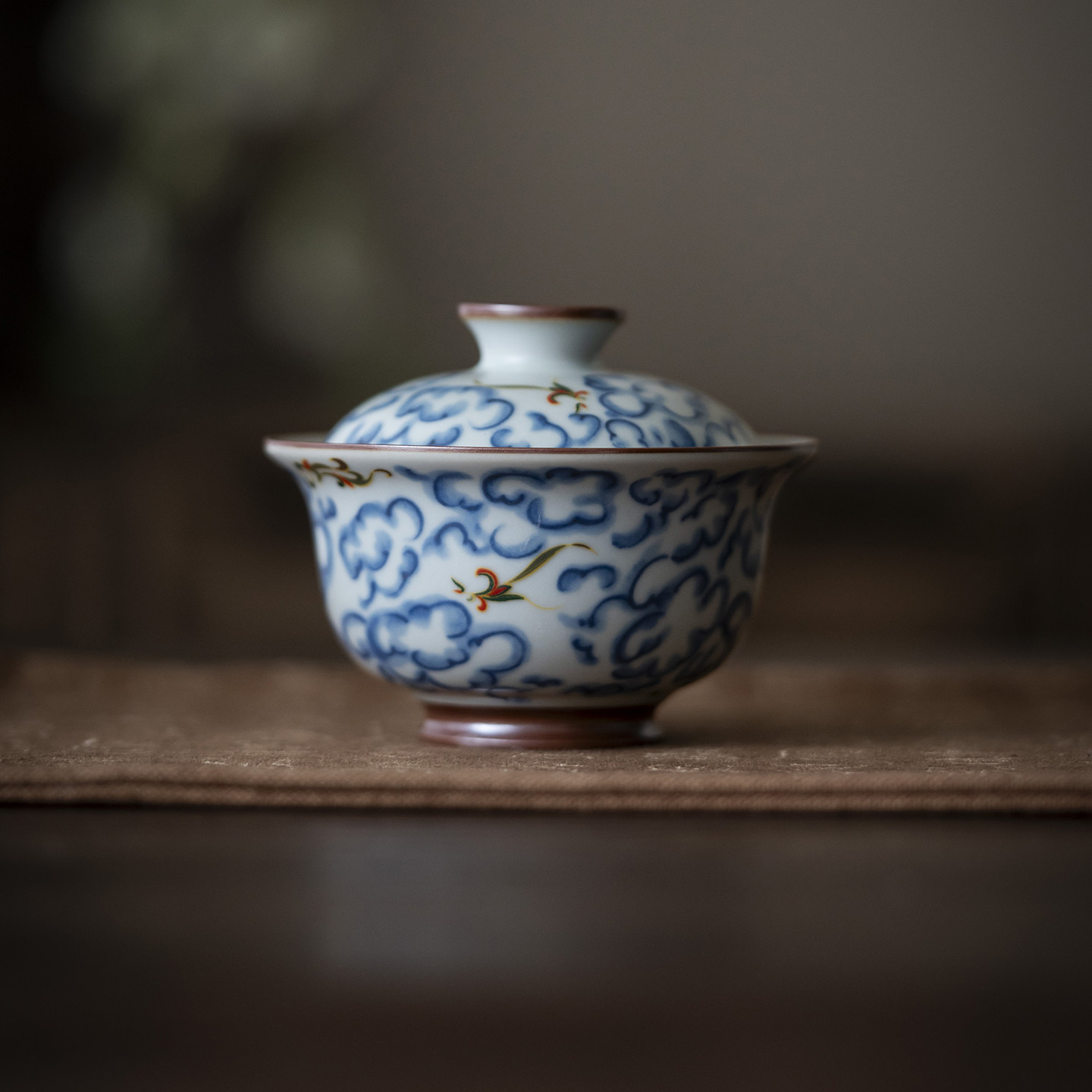 仿古青花手绘祥云圆融二才盖碗可开片泡茶器家用陶瓷功夫茶具