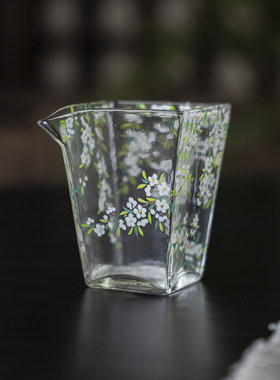 手绘柳叶吊花高硼硅玻璃公道杯耐热防烫茶海家用分茶器茶道配件