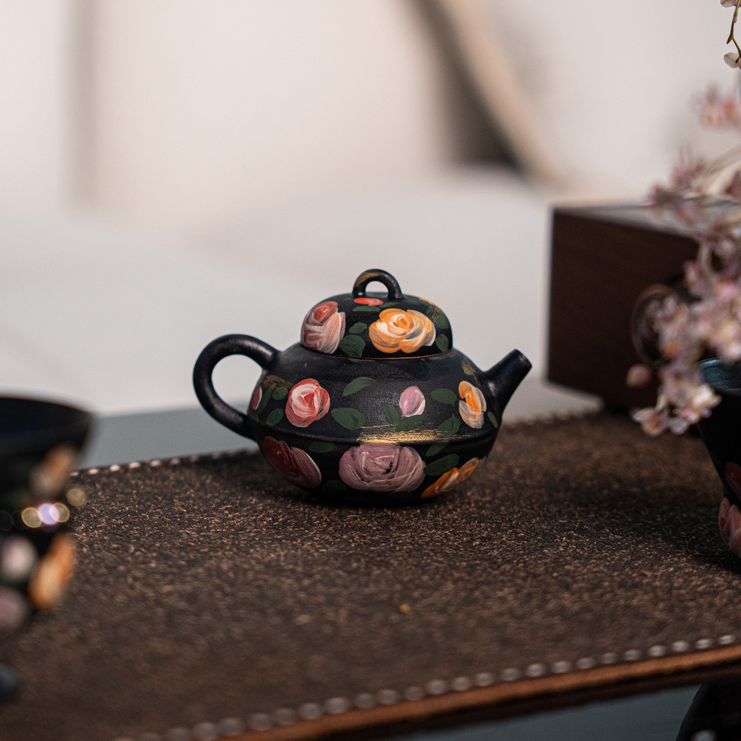 黑陶手绘描金玫瑰花水平壶中式复古典雅古典精致功夫茶壶茶具