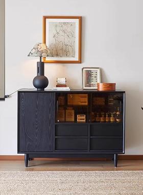北欧黑色实木餐边柜现代简约家用小户型茶水柜原木储物柜沙发边柜