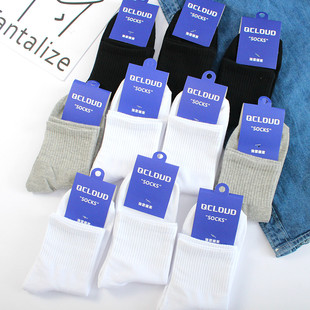 5双纯色袜子女纯白中筒袜子秋季 港风ins潮纯棉运动简约黑白长袜男