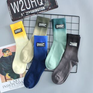 中筒袜 定标潮流简约运动纯棉街头高帮美式 扎染袜子男士 长筒春夏季