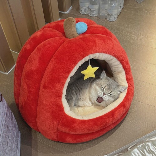 平安果冬季保暖半封闭毛绒猫窝