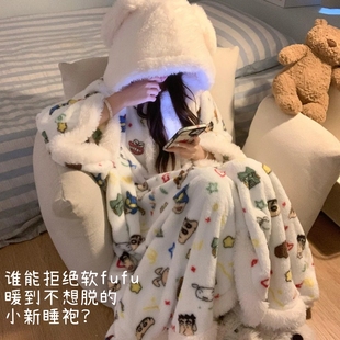 小新斗篷睡袍毛绒冬天加厚珊瑚绒连帽睡衣可爱加绒保暖长款 家居服