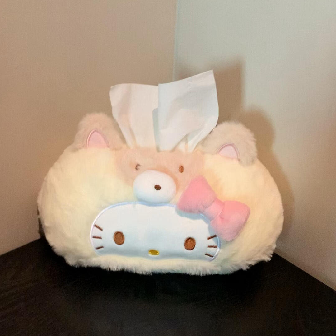 hellokitty猫桌面纸巾盒可爱毛绒纸巾套餐巾纸卷纸收纳盒抽纸盒
