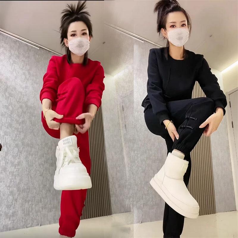 新中式盘扣休闲运动套装女2024冬新款国风加绒加厚圆领卫衣两件套