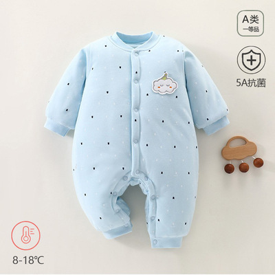 冬款婴儿连体衣三层保暖夹棉新生儿衣服纯棉无骨棉服宝宝哈衣爬服