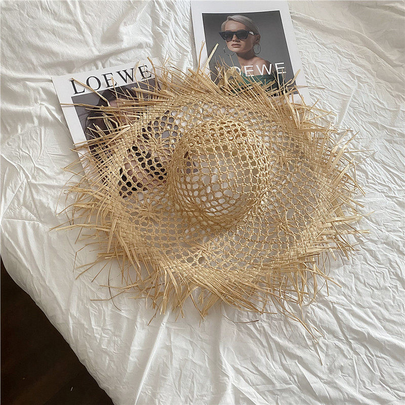度假风镂空毛边拉菲草帽女夏季海边沙滩大帽檐遮阳帽凹造型拍照帽