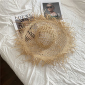 度假风镂空毛边拉菲草帽女夏季 海边沙滩大帽檐遮阳帽凹造型拍照帽