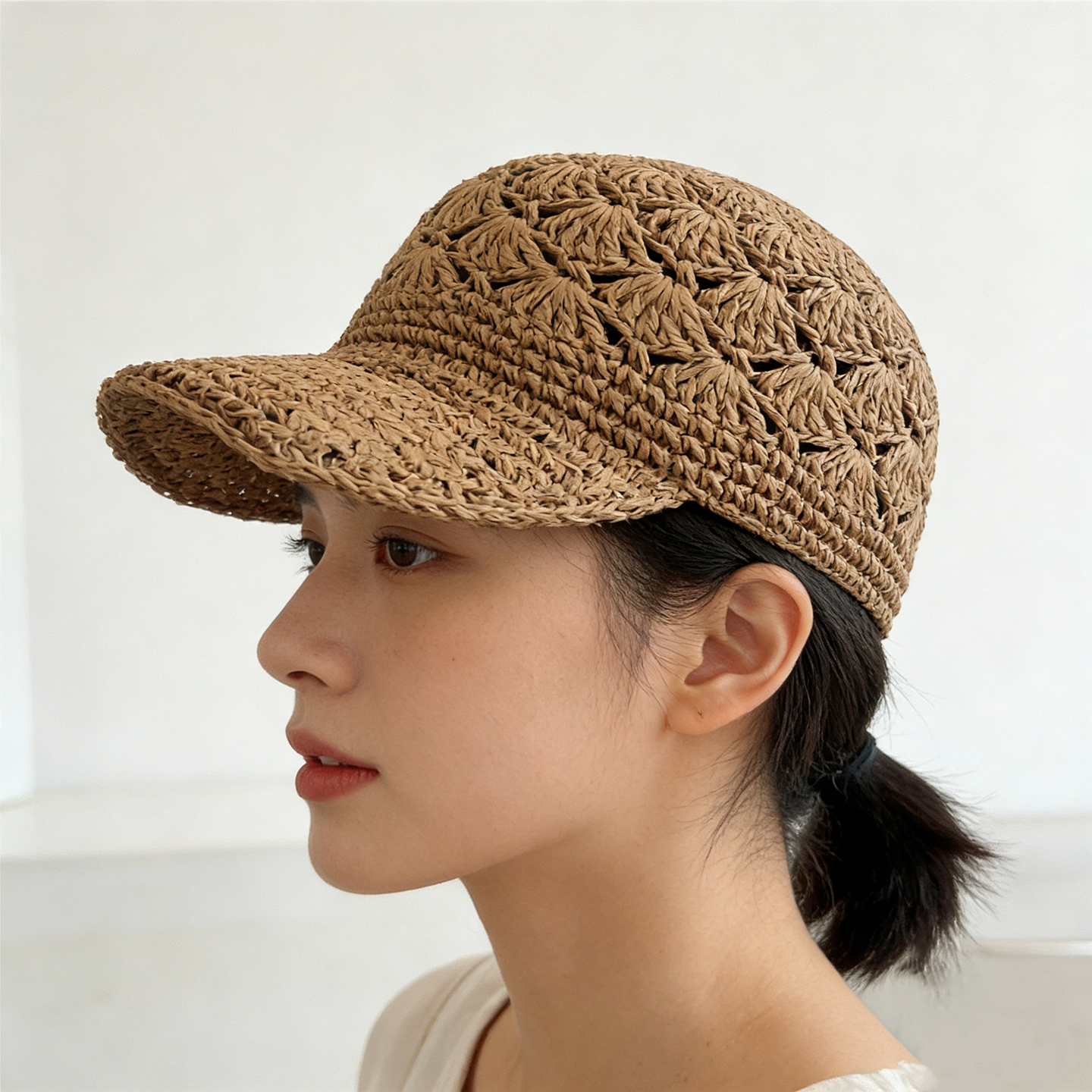 钩花镂空鸭舌草帽女夏季弯沿百搭防晒遮阳帽休闲马术帽时尚度假帽