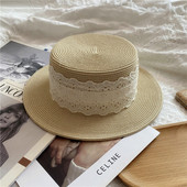 小清新蕾丝编织平顶草帽女夏天出游度假遮阳帽海边沙滩帽小沿礼帽