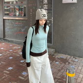 E7Q8 显瘦半高领百搭小上衣 女修身 奇遇幻想 韩系撞色收腰内搭长袖