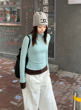 E7Q8 奇遇幻想 韩系撞色收腰内搭长袖女修身显瘦半高领百搭小上衣