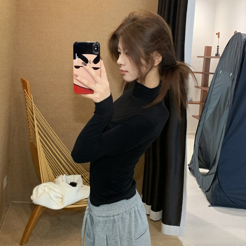 E7Q8 秋冬半高领修身打底针织长袖t恤女日常基础百搭实穿内搭上衣