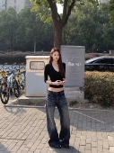E7Q8 女直筒显瘦长裤 美式 辣妹中腰猫须牛仔裤