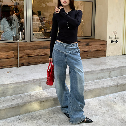 E7Q8新款切割口解构牛仔长裤女