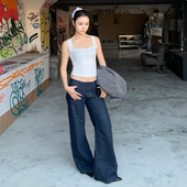 特调美少女 美式 中腰显瘦深蓝水洗微喇阔腿牛仔裤 E7Q8 拖地休闲裤