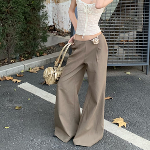 E7Q8 韩系直筒中低腰休闲百搭直筒拖地显瘦长裤女宽松通勤阔腿裤