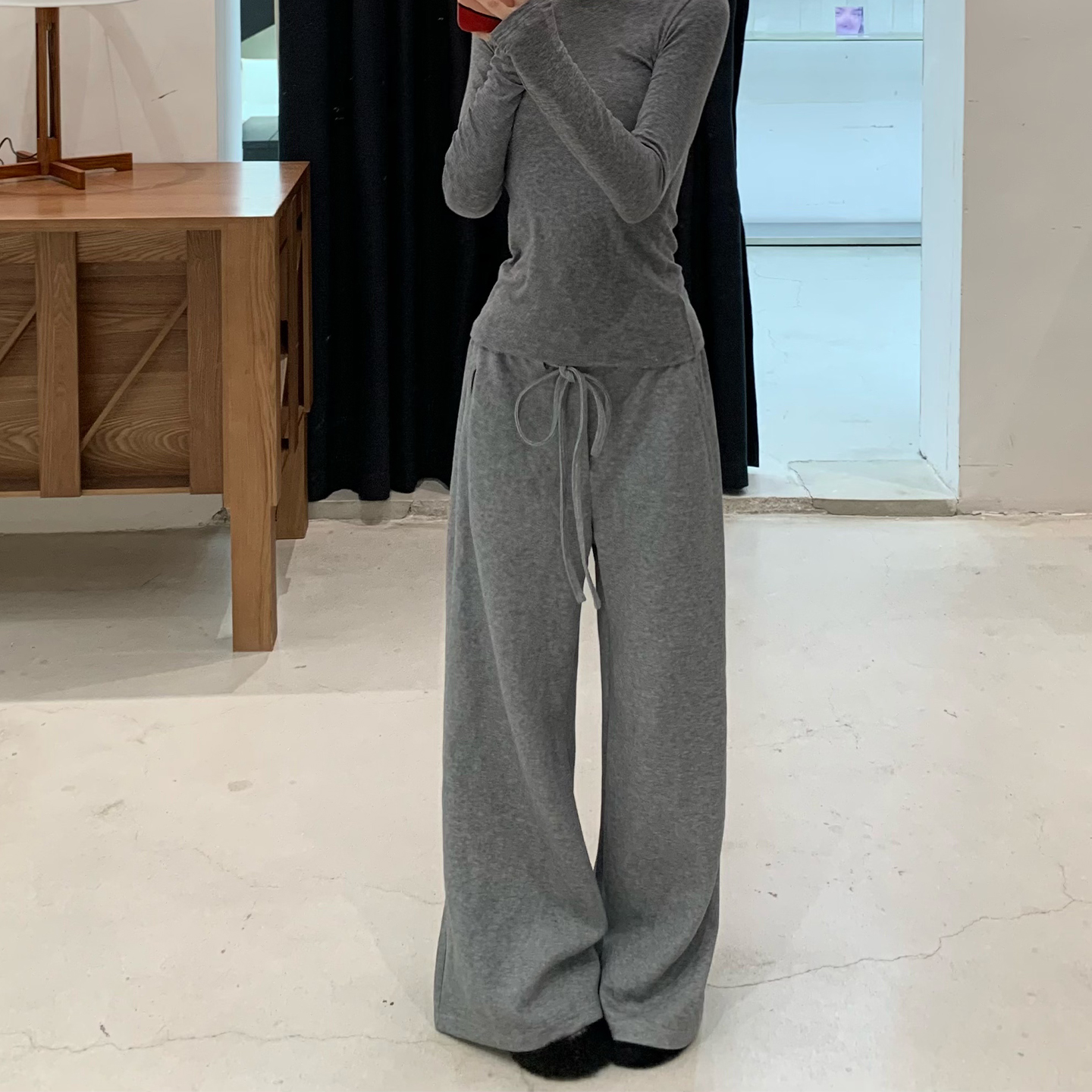 E7Q8 韩系百搭舒适休闲慵懒遛弯卫裤女纯色简约直筒显瘦抽绳长裤