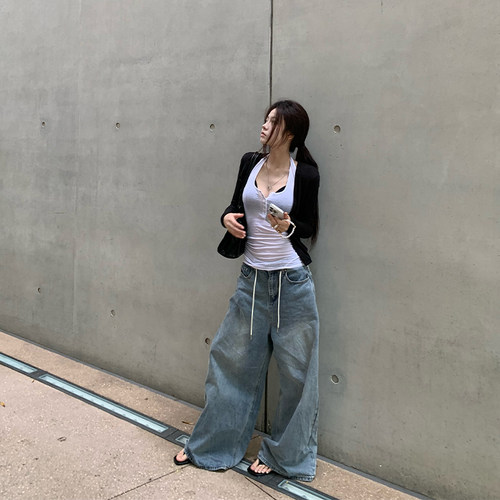 E7Q8 韩系纯欲辣妹冰丝吊带开衫两件套女百搭修身显瘦防晒小上衣