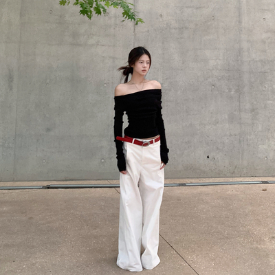 E7Q8 法式四色修身气质显瘦一字肩女针织高级感辣妹毛衣温柔上衣