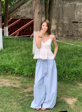 E7Q8 韩系甜美蕾丝系带吊带背心+宽松休闲抽绳长裤女日常百搭上衣