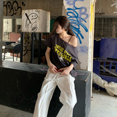 E7Q8 t恤女宽松显瘦基础百搭休闲小上衣 斜肩字母印花短袖 夏季 新款