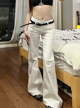 E7Q8 美式低腰美少女经典显瘦白色水洗微喇阔腿牛仔裤拖地休闲裤