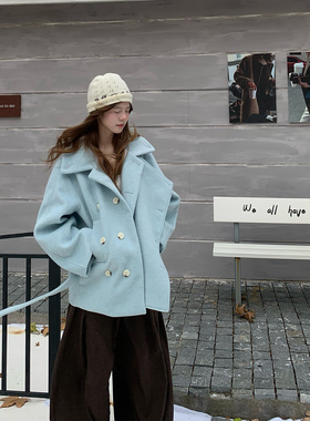 E7Q8 韩系秋冬纯色气质翻领呢子短款大衣女百搭羊毛保暖厚款外套