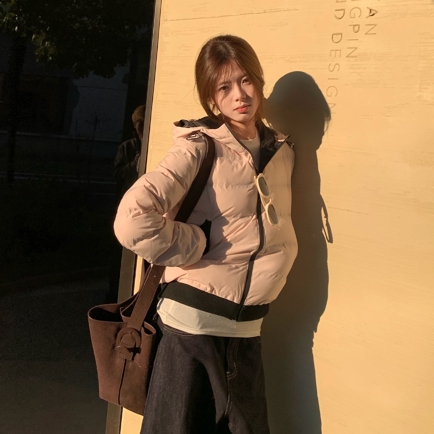 E7Q8 韩系时尚粉色拼接撞色羽绒服女冬季学生加厚保暖白鸭绒外套