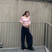 E7Q8 子女高腰显瘦休闲百搭拖地裤 美式 辣妹宽松直筒阔腿条纹长裤