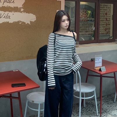 E7Q8韩系条纹斜肩长袖t恤女