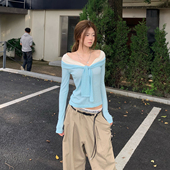 E7Q8 显瘦扭结休闲百搭上衣 女修身 韩系一字领撞色绑带长袖 针织衫