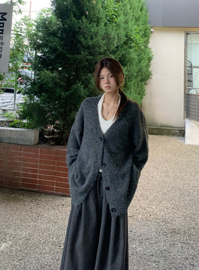 E7Q8 韩系高级慵懒风软糯针织开衫外套女休闲百搭V领长袖宽松上衣