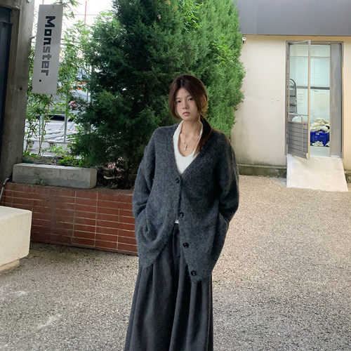 E7Q8 韩系高级慵懒风软糯针织开衫外套女休闲百搭V领长袖宽松上衣