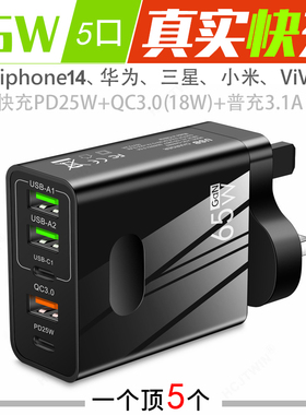 英规65WPD快充手机充电器 5A type-c PD+3USB多口欧美旅行充电头
