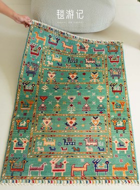 毯游记 进口羊毛复古客厅地毯 阿富汗手工编织无胶绿色116x81CM