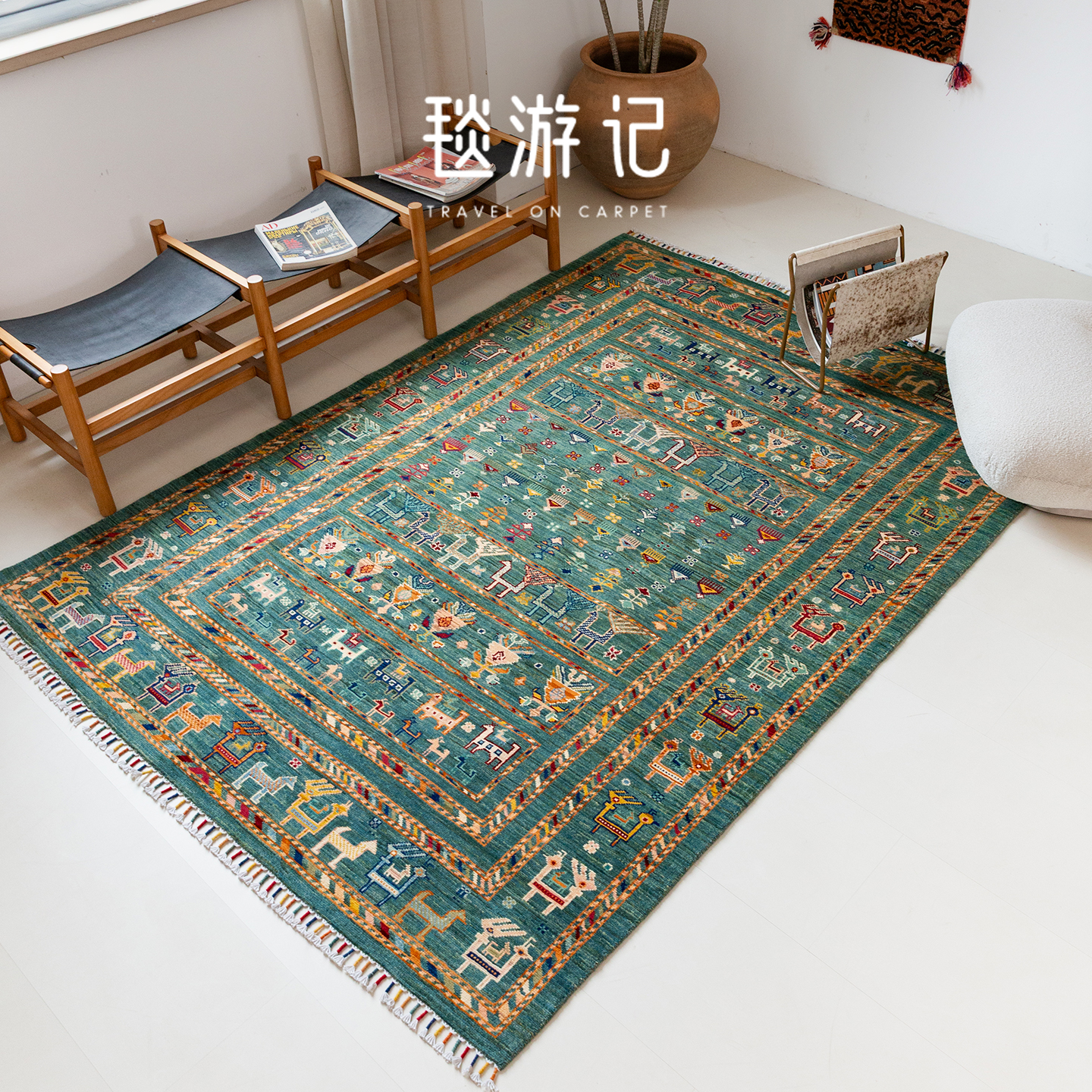 毯游记 进口羊毛复古客厅地毯 手工编织无胶蓝色地毯233x169CM