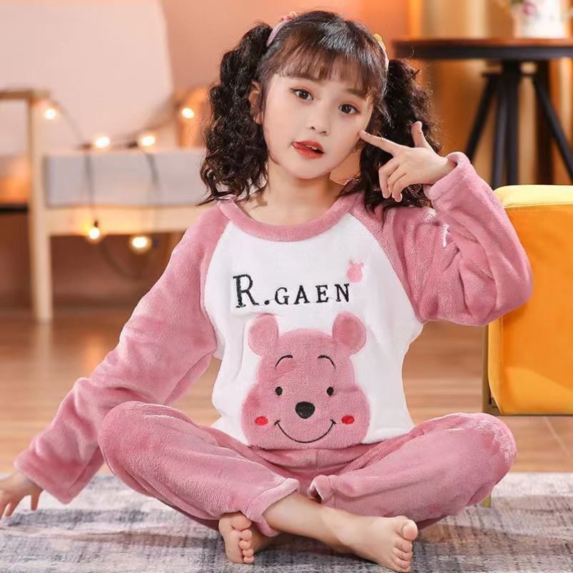 珊瑚绒维尼熊女童睡衣冬季加厚小女孩法兰绒儿童秋季家居服套装