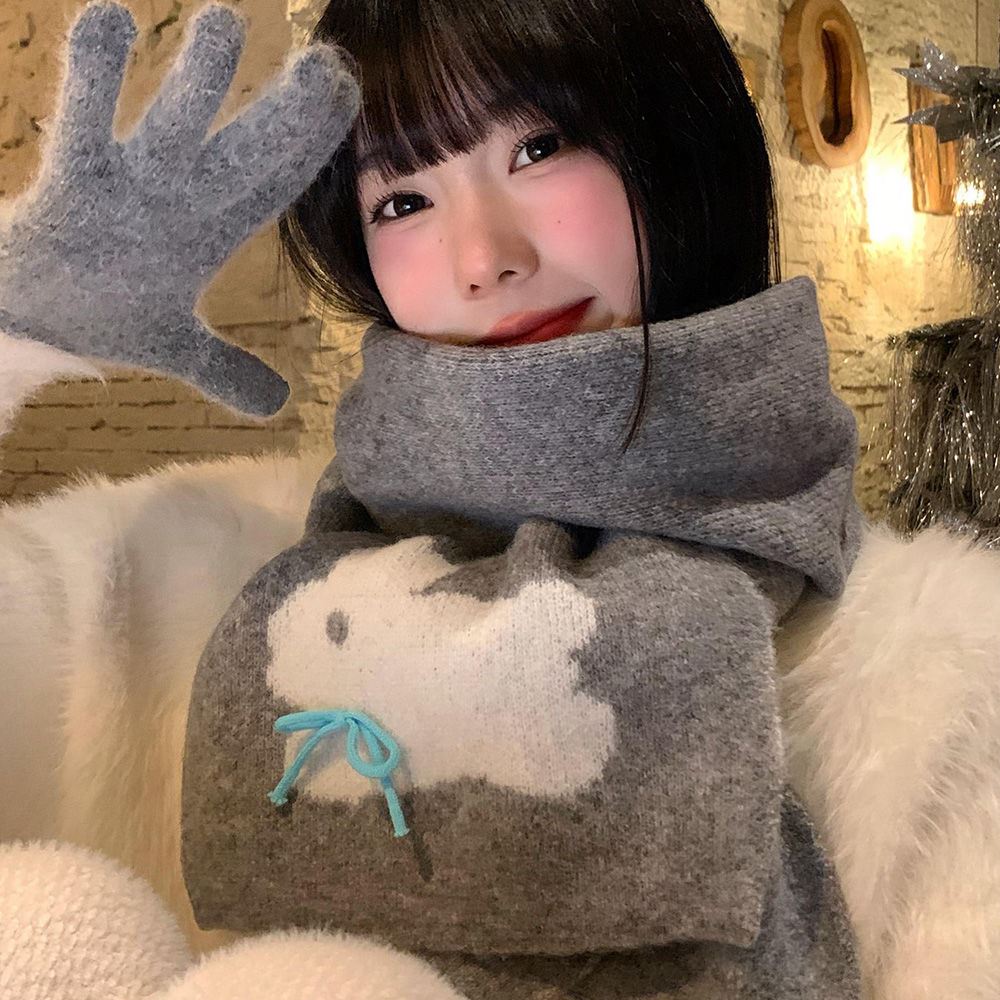 可爱蝴蝶结兔子针织围巾女冬季2026新款高级感仿羊绒保暖毛线围脖