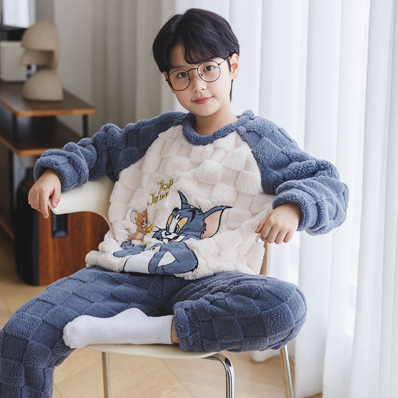 秋冬季男童珊瑚绒家居服套装大童男孩法兰绒儿童睡衣加厚可外穿