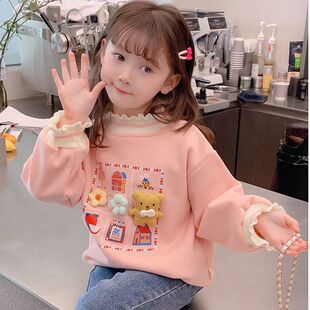 女童加绒卫衣冬装2025新款女孩洋气木耳边半高领儿童加厚保暖上衣