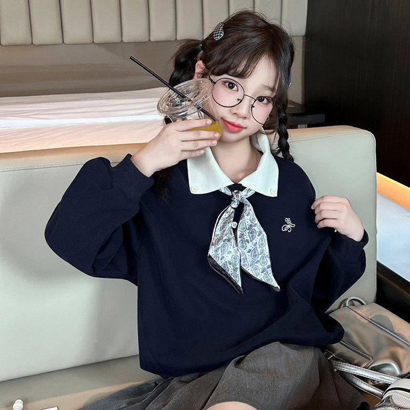 女童卫衣春2026新款中大童春秋款翻领洋气打底衫儿童秋季学院春装