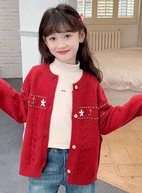女童秋冬韩版慵懒针织红色开衫潮