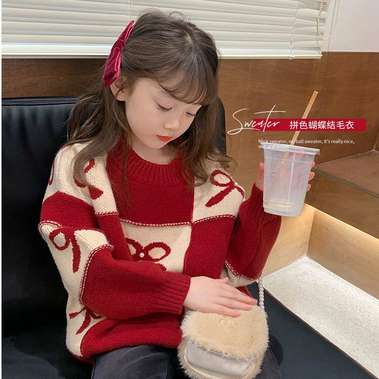 女童秋冬百搭格子蝴蝶结针织毛衣