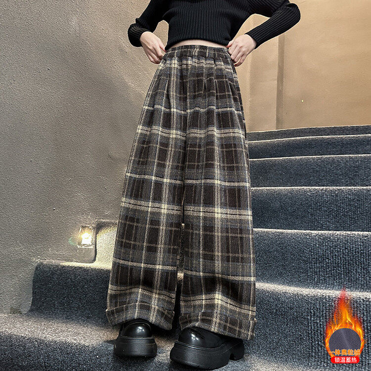 女童秋冬裤子加绒2025新款中大童加厚时尚洋气格子休闲裤宽松筒裤